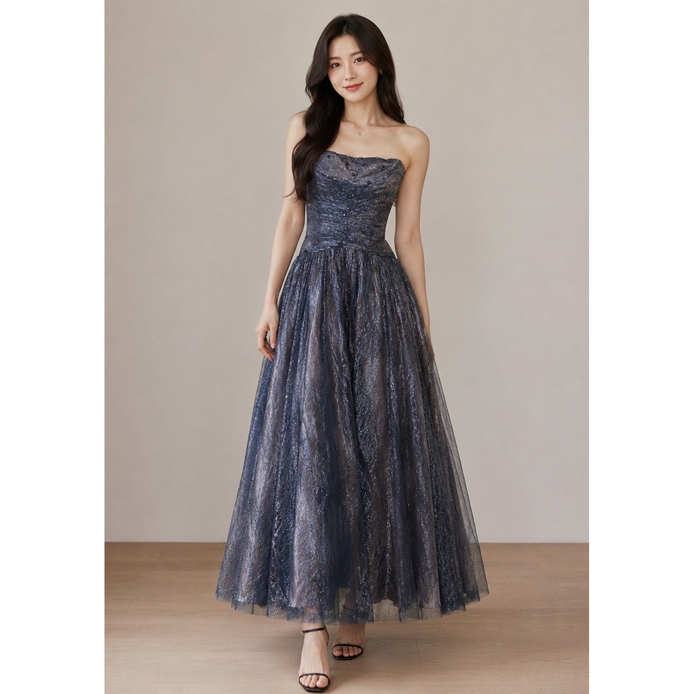 Deb Strapless Ball Gown Women 24W Blue Glitter Tulle Rhinestone Prom Formal